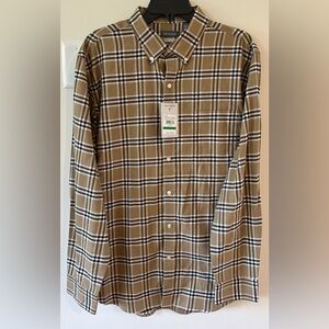 Van Huesen Men’s Tan Weekend Twill Classic Plaid Button Down NWT Size La…
